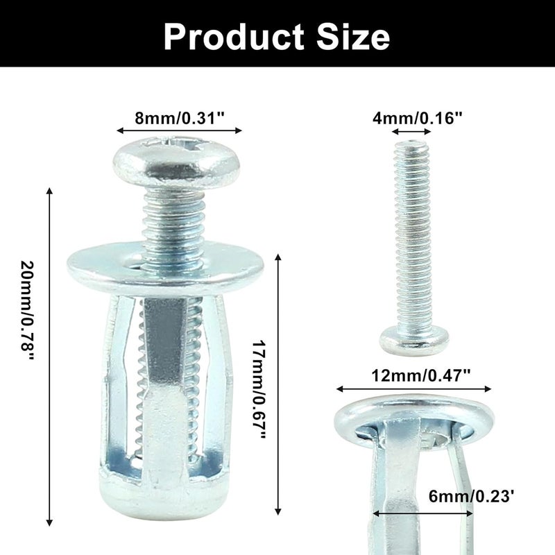 Dijedev 20 Pcs M4 x 20 Carbon Steel Hollow Wall Anchors, Silver, Hex Head Screws, 10 kg Shear Strength, Ideal for Hollow Doors, Aluminium Cladding, Steel Pipe, Iron Sheet, Plastic Sheet - Image 2